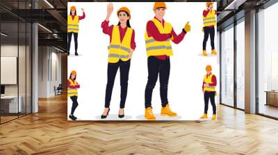 Hand-drawn set of male and female workers with helmets and vests. Workers in different poses. Vector flat style illustration isolated on white. Full length view Wall mural