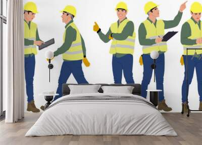 Hand-drawn set of male construction workers with helmets and vests. Vector flat style illustration isolated on white. Full length view	 Wall mural