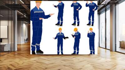 Hand drawn worker with a helmet. Worker wearing blue work overalls with safety band. Different poses. Vector illustration set isolated on white. Full length view	 Wall mural