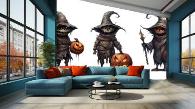 Set of Halloween cartoon evil characters holding pumpkin lanterns. Scary character in a witch's hat and black cloak with a scary face. Vector isolated illustration created using AI generation Wall mural