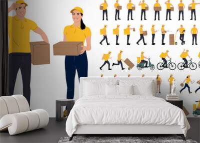 Set of hand drawn warehouse workers holding boxes with a clipboard. Delivery man and woman with cargo carts. Vector flat style illustration isolated on white. Full-length view	 Wall mural