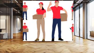 Set of hand drawn warehouse workers holding boxes with a clipboard. Delivery man and woman with cargo carts. Vector flat style illustration isolated on white. Full-length view Wall mural