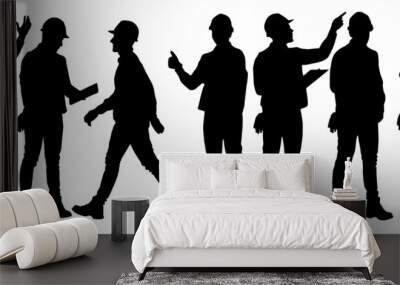 Silhouettes set of workers with helmets. Vector flat style illustration isolated on white Wall mural