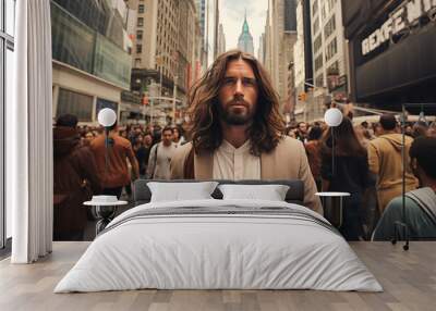 Jesus in modern city with people  Wall mural