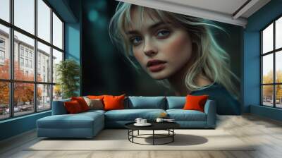 Sensual portrait of young blonde woman with blue eyes on dark background Wall mural