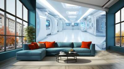 White corridor, tunnel in spaceship or future building. Generated AI Wall mural