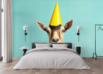 Creative photos of an animal with a hat and colored background to celebrate birthdays Wall mural