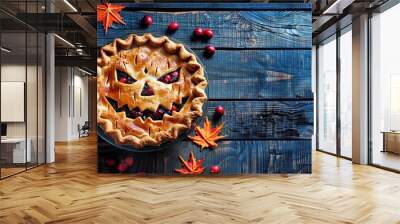 Halloween face made of cranberry pie on a dark wooden background, top view. Spooky autumn concept Wall mural