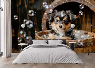 Happy and playful cute dog playing in a foam bath with foam on his face, photography style Wall mural