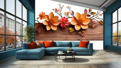 Wooden panel with autumn flowers, isolated on transparent background Wall mural