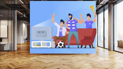 Advertising Flyer Sports Fans at Home Cartoon Flat. Sharing Time is Reduced to Watching Television. Young Men, Being at Home Near Tv, Actively Support Football Team. Vector Illustration. Wall mural