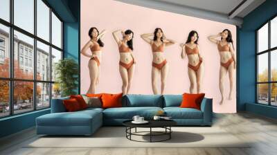 Asian slim lady in underwear posing and demonstrating perfect body shape, collage, banner for slimming concept. Collage. Fit body, perfect shape. Wall mural