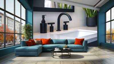 Bathroom Details. Modern Sink with Black Faucet, Mirrors, and Green Plant on Sleek White Countertop Wall mural