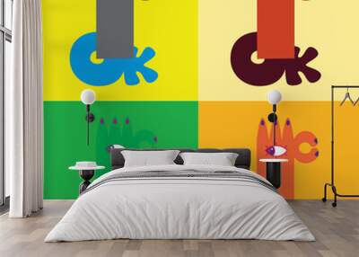 Cartoon OK gesture, hand with an eye, abstract colorful flat design Wall mural