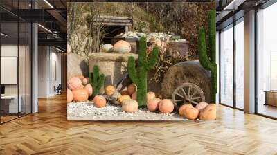 Decorations for Halloween and Day of the Dead in Mexico. fresh pumpkins.Outdoor decor to celebrate Dia Los Muertos. Thanksgiving and harvest. Wall mural