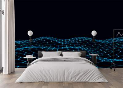 Digital technology wave. Dark cyberspace with blue motion dots and lines. Vector futuristic digital background. Big data analytics. Wall mural