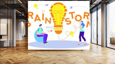 Flat Poster Written around Light Bulb Brainstorm. People Follow Basic Rules Brainstorming. Man Sits on an Armchair, Woman Speaks on Phone. In Center Light Bulb. Vector Illustration. Wall mural