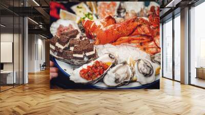 Fresh seafood plate with lobster, mussels and oysters Wall mural