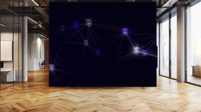 Futuristic backdrop. Network connection structure cyberspace with moving particles and numbers. Big data visualization. Abstract cyber security background in database. 3D rendering. Wall mural