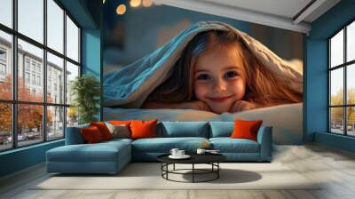 Good Night. Cute Smiling Girl Lying Under Blanket in Bed Wishing Night Time to Mother Wall mural