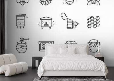 Honey and beekeeping related icons: thin vector icon set, black and white kit Wall mural