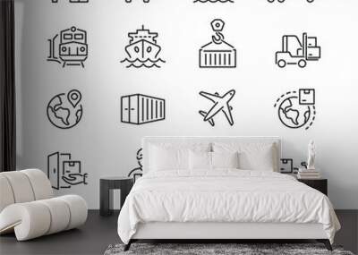 Logistics and transportation related icons: thin vector icon set, black and white kit Wall mural