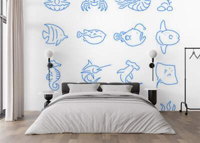 Marine life related icons. Editable stroke. Thin vector icon set Wall mural