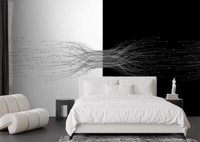 Abstract lines with dots over background. Connecting or big data concept. Design element or icon. Black shape on a white background and the same white shape on the black side. Wall mural