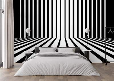 Black and white parallel stripes background like 3D form. Room interior vintage with wall and floor line design. Wall mural