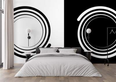 Circle or spiral with two lines. Abstract art geometry background or icon. Black shape on a white background and the same white shape on the black side. Wall mural