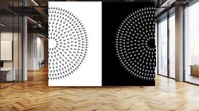 Circle with arrows go to center. Abstract art creative illustration collapse concept. Black shape on a white background and the same white shape on the black side. Wall mural