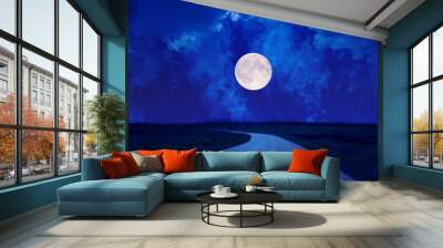 full moon in clouds over asphalt road Wall mural