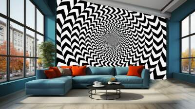 Geometric optical illusion design. Circle psychedelic pattern. White and black art background. Wall mural