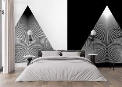 Geometric triangle shape with lines as modern design element, logo or icon. Black shape on a white background and the same white shape on the black side. Wall mural