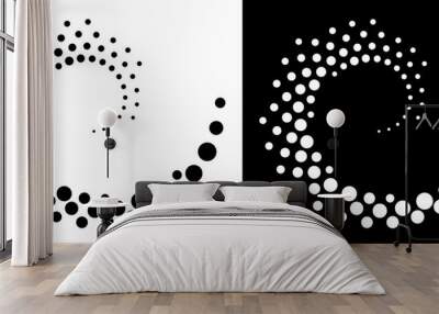 Halftone dots in spiral. Modern abstract background. Design element or icon, logo. Black shape on a white background and the same white shape on the black side. Wall mural