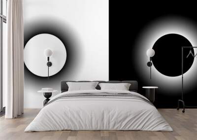 Halftone round as icon or background. Abstract vector circle frame with gradient as logo or sun concept. Black shape on a white background and the same white shape on the black side. Wall mural