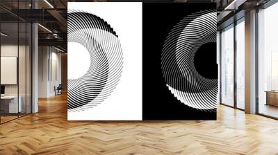 Lines in circle abstract background. Dynamic transition illusion in spiral. Yin and yang style. Black shape on a white background and the same white shape on the black side. Wall mural