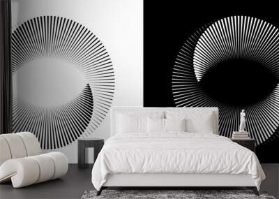 Lines in circle abstract background. Dynamic transition illusion. Black shape on a white background and the same white shape on the black side. Wall mural