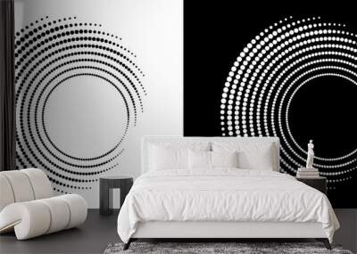 Modern abstract background. Halftone dots in circle form. Round logo. Vector dotted frame. Design element or icon. Black shape on a white background and the same white shape on the black side. Wall mural