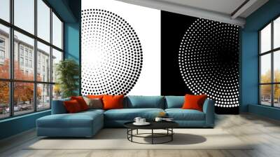 Modern abstract background. Halftone dots in circle form. Round logo. Vector dotted frame. Design element or icon. Black shape on a white background and the same white shape on the black side. Wall mural