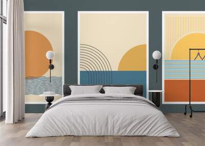 Set of abstract mid century posters composition vector design. Modern boho minimalist art. EPS10 vector illustration. Sun and water concept. Wall mural