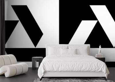 Triangle with 3 trapezium as logo, icon or design element. Black shape on a white background and the same white shape on the black side. Wall mural