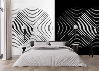 Two circles in a spiral or infinity symbol. Art lines illustration as logo or tattoo, icon. Black shape on a white background and the same white shape on the black side. Wall mural