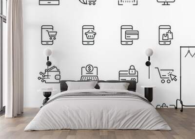 Online shopping related icons: thin vector icon set, black and white kit Wall mural