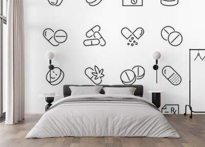 Pills related icons: thin vector icon set, black and white kit Wall mural