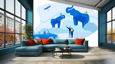 Romantic Car Safari Tour for Two Loving People. Cartoon Couple in love Taking Selfie with Elephant Family and Parrots. Travel to African Savannah. Unforgettable Experience. Vector Flat Illustration Wall mural