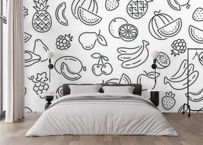 Seamless pattern with fruits. Black and white thin line icons Wall mural