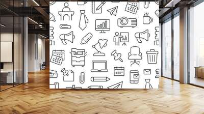 Seamless pattern with office tools. Black and white thin line icons Wall mural