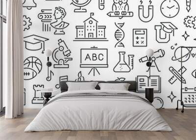 Seamless pattern with school subjects and education. Black and white thin line icons Wall mural