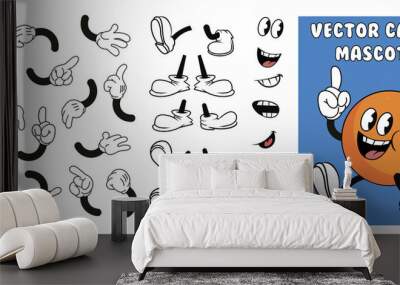 set of classic cartoon character parts: legs, hands, face. vintage mascot design mockup, isolated on white Wall mural